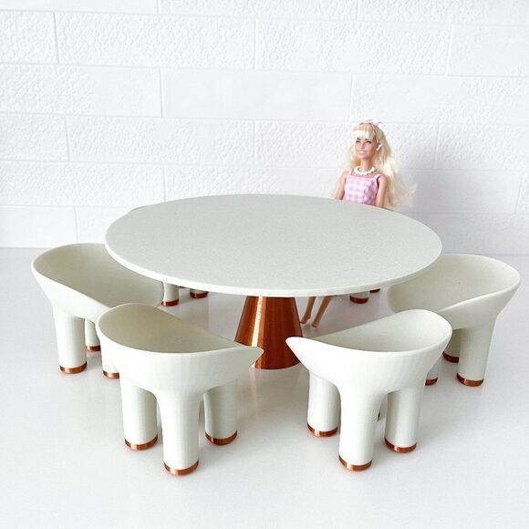 Miniature Patio Table 6 Chairs Bone White Copper Large Round 1:6 Scale Dollhouse - Picture 1 of 8